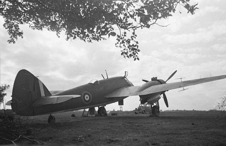 A twin-engined bomber dispersed beneath trees